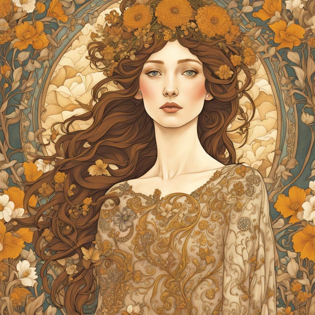 Ethereal Goddess of Blooming Seasons in Art Nouveau Style