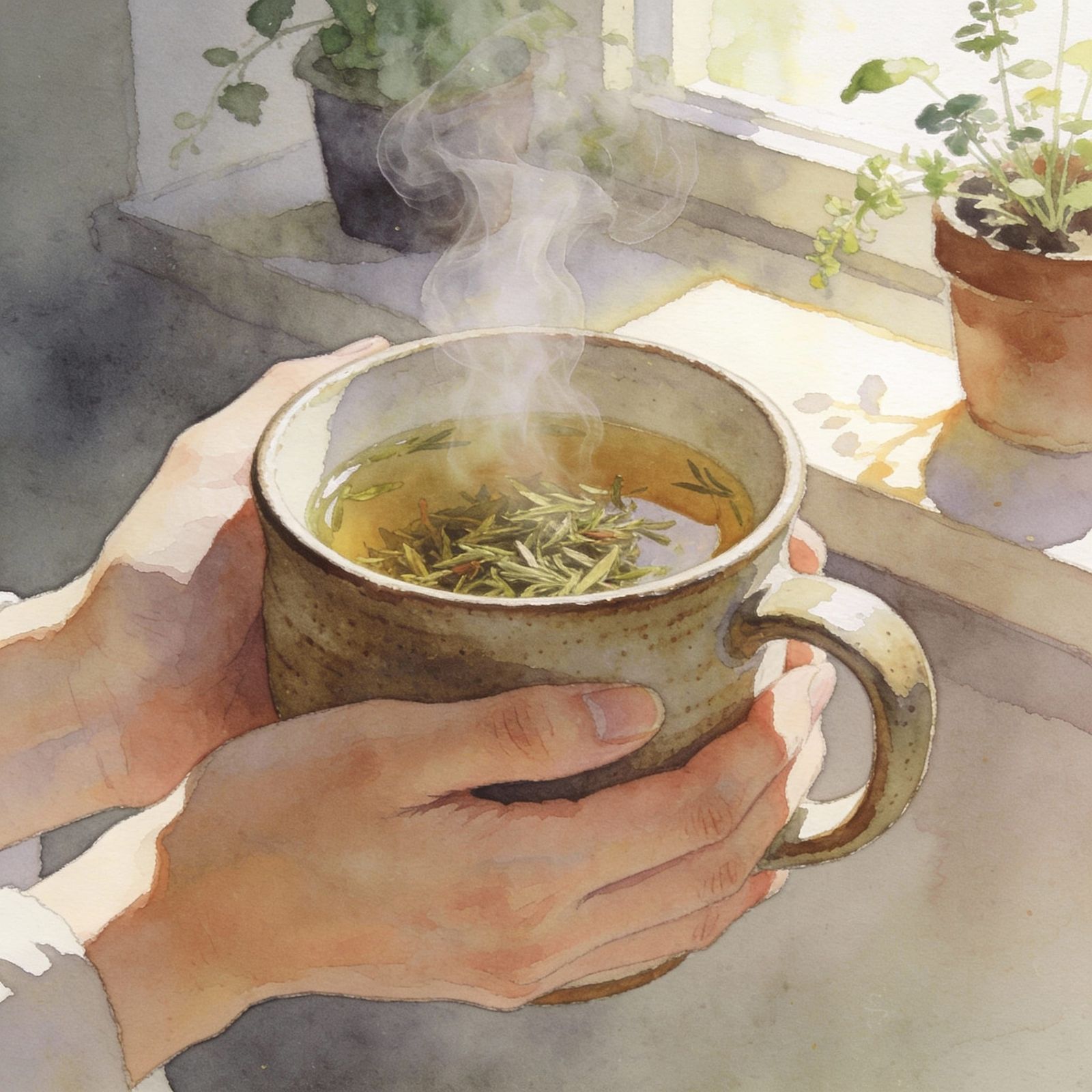 Hands Cradle Herbal Tea Mug in Soft Watercolor Style