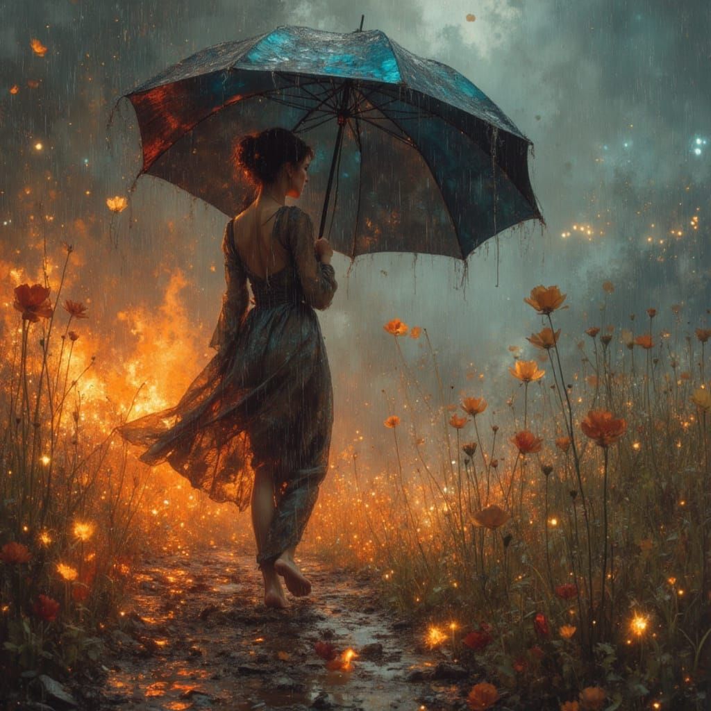 Woman Standing With Feet in Flames and Bringing Rain