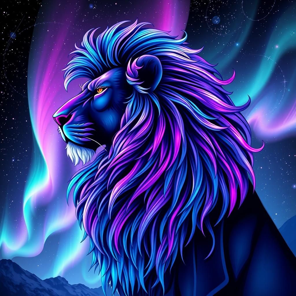 Lion's Roar Under Aurora: A Fractal Vector Art