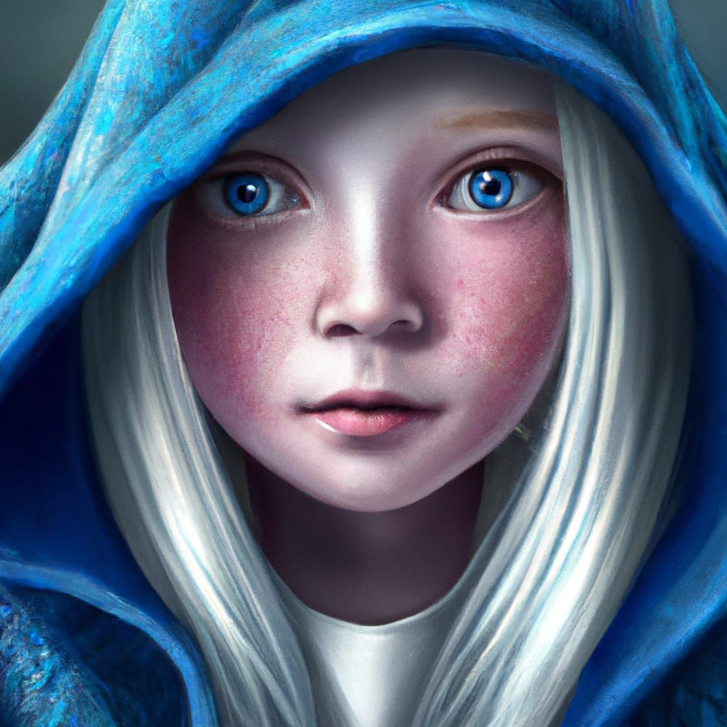 Pale Girl with Pink Eyes in Detailed Painting