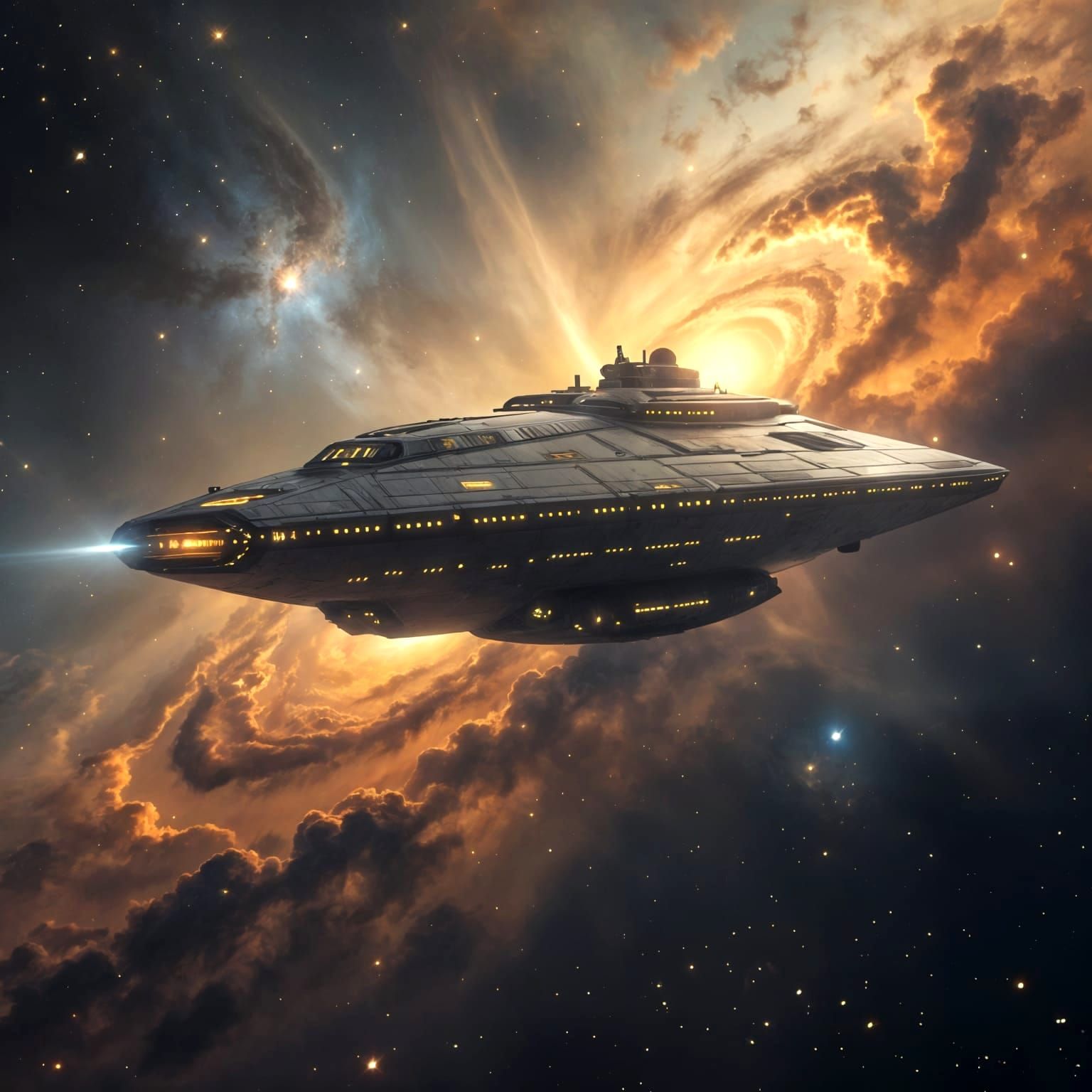 Ancient Spaceship Drifting Through Cosmic Nebula