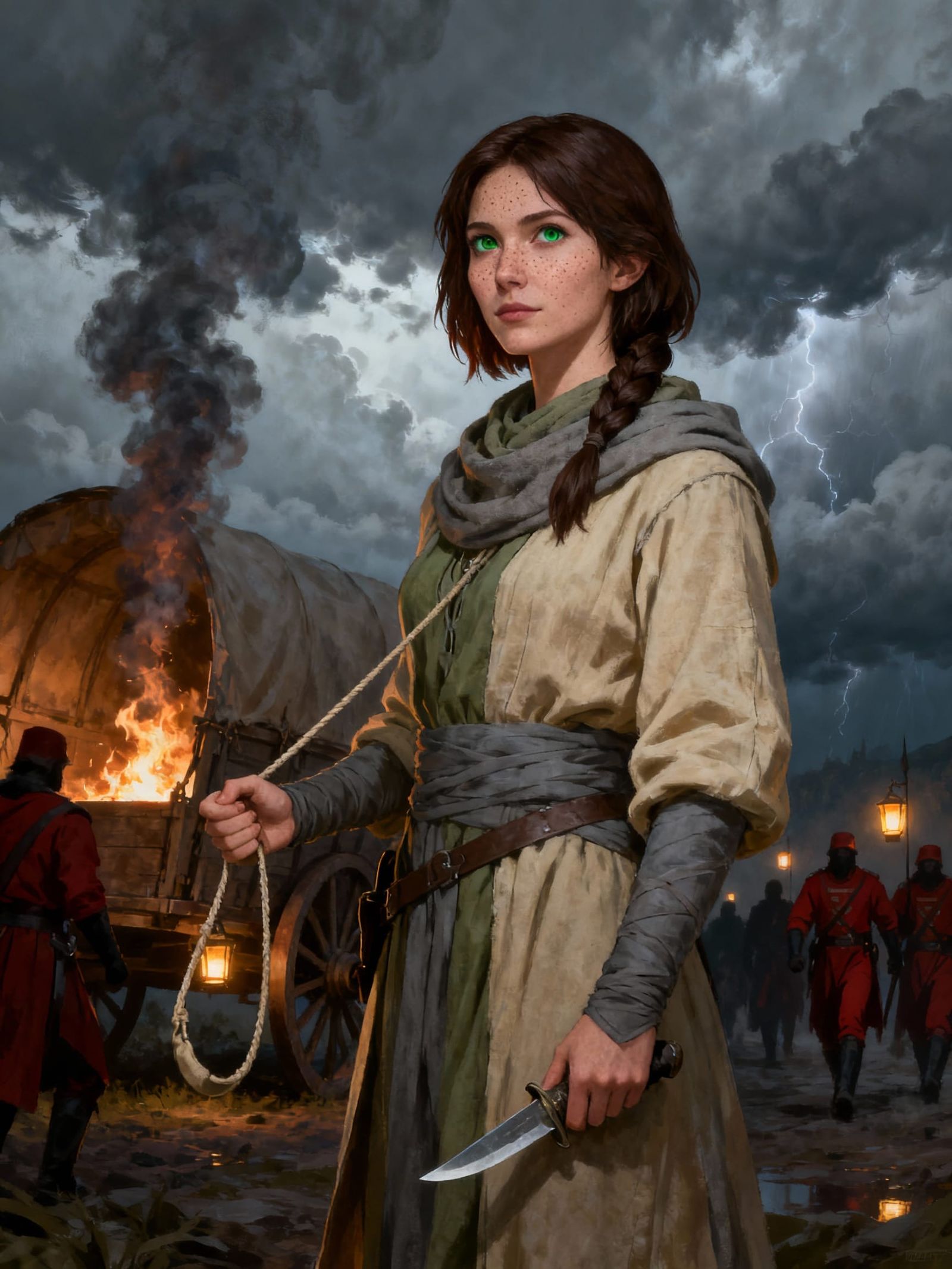 Shinovar Warrior Woman in Roshar with Burning Wagon