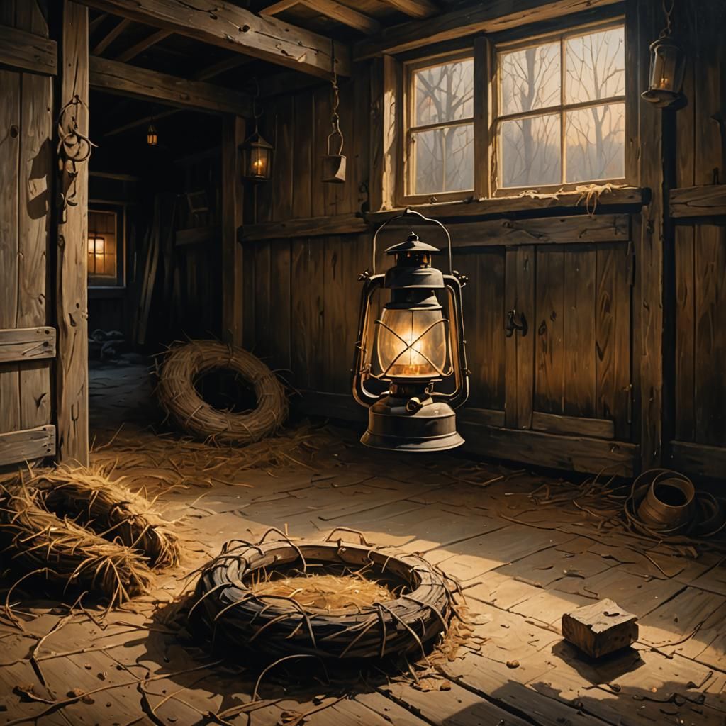 Eerie Barn Scene with Lantern in Oil Painting Style