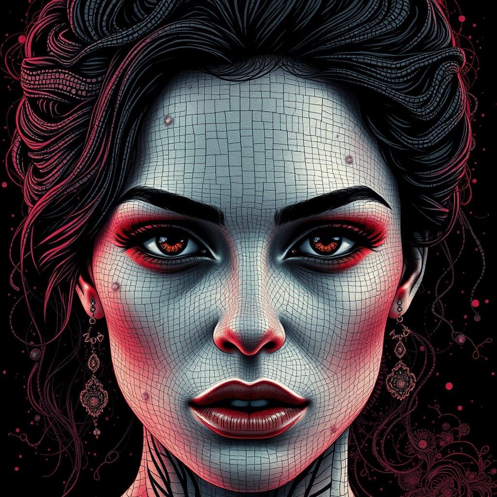 Mosaic Woman Portrait with Glitch Effects in Digital Art