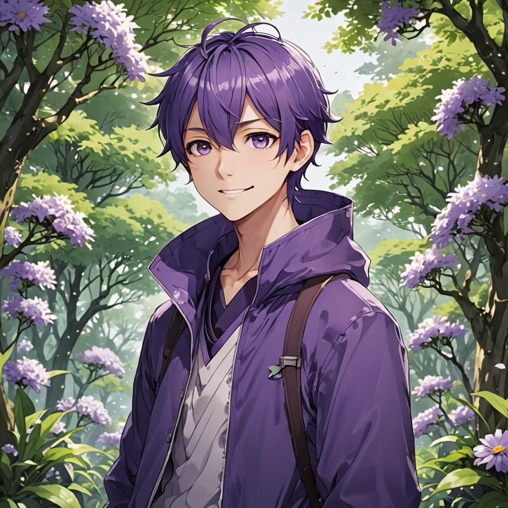 Purple Boy with Gentle Smile in Anime Style