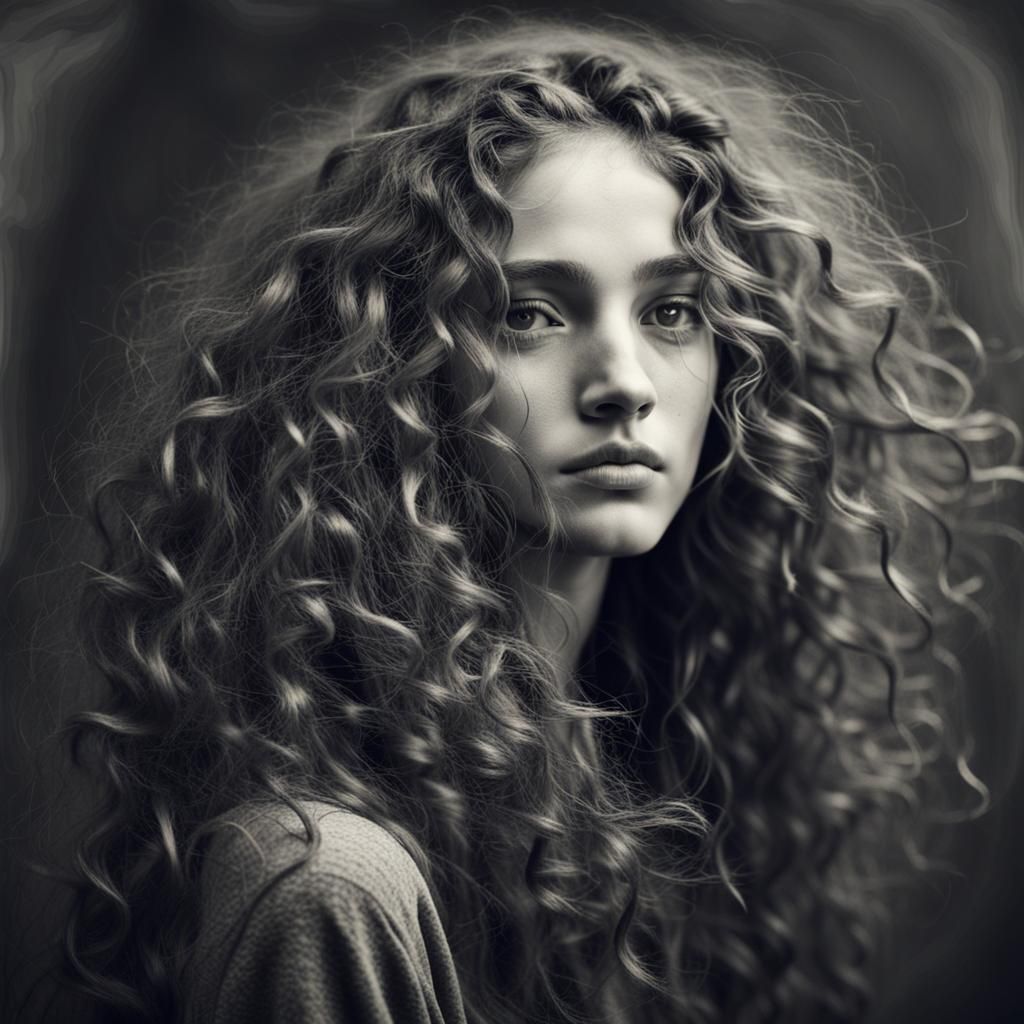Black and White Portrait of Girl with Curly Hair