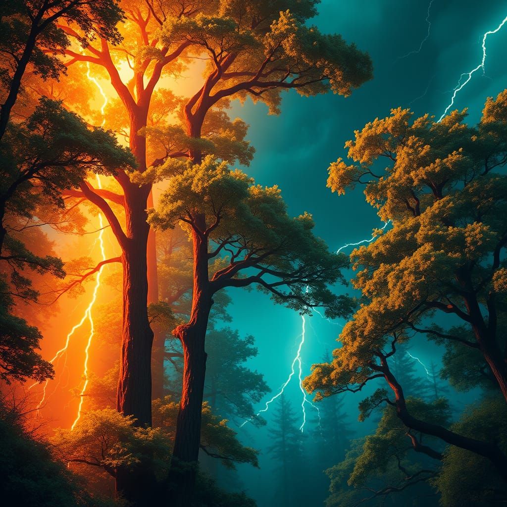 Summer Storm Forest in Vibrant Art Nouveau Style
