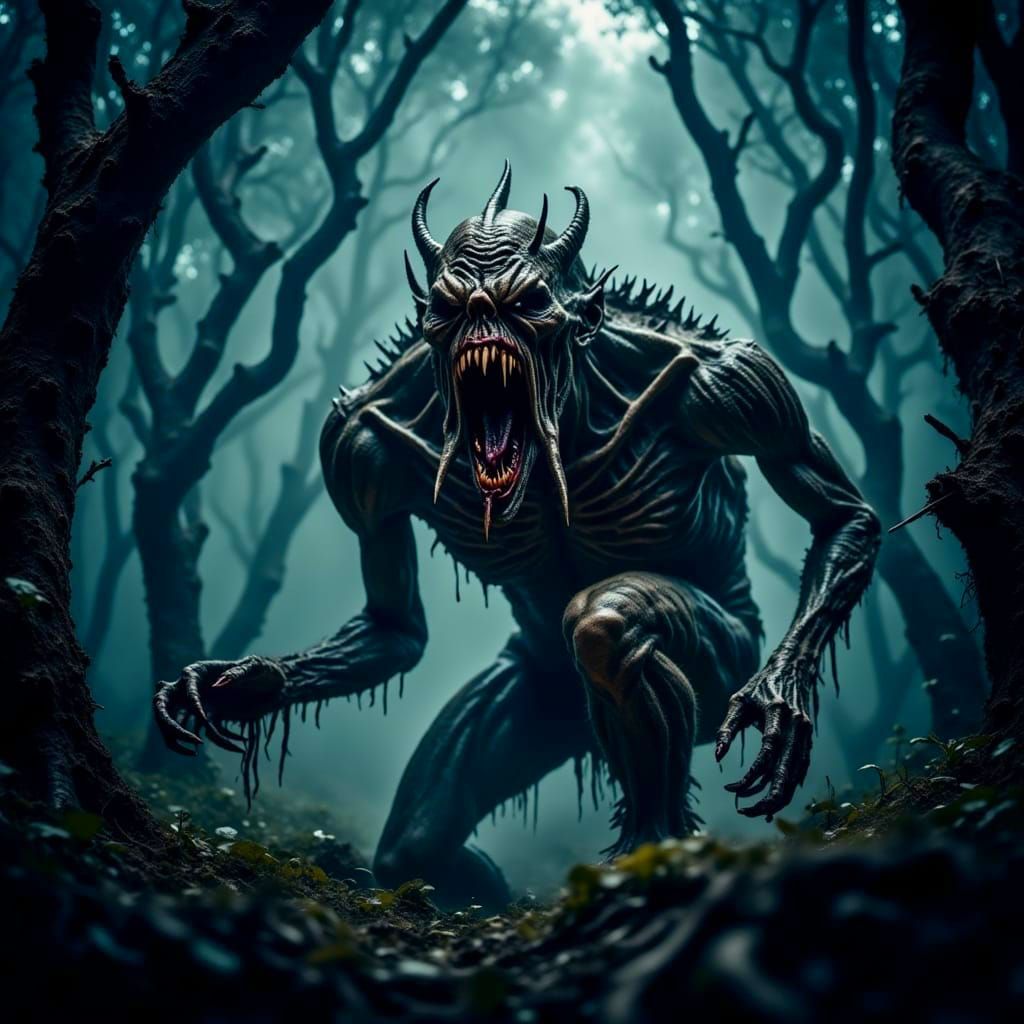 Twisted Creature in a Haunting Forest Scene