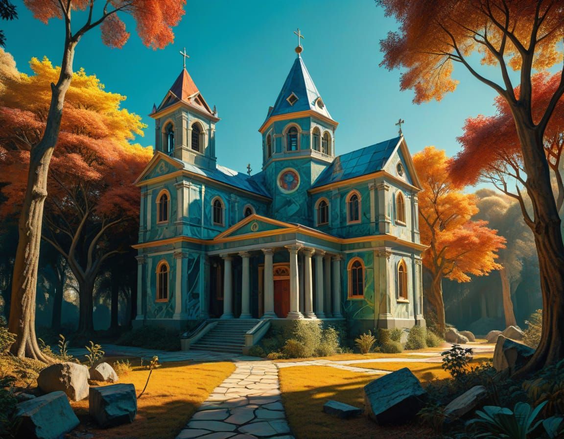 Neo-Classical Church in Dreamlike Forest
