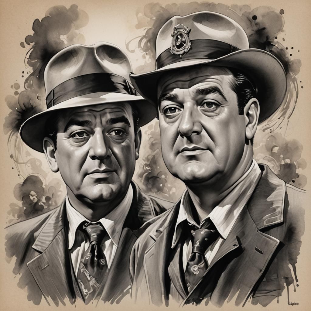 Abbott and Costello: Ink Wash Portrait in Black and White
