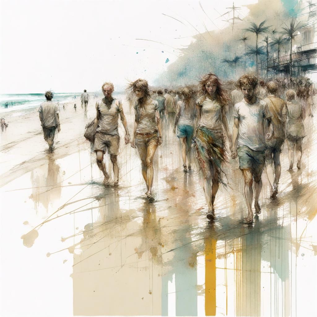 Crowded Beach Scene in Watercolor Style