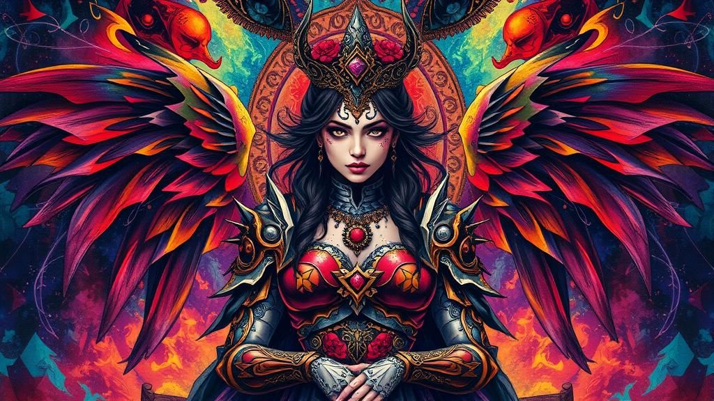 Mystical Tattooed Warrior Queen on Metallic Throne