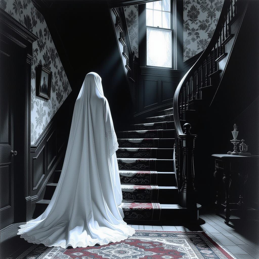 White Specter Haunts Victorian Staircase
