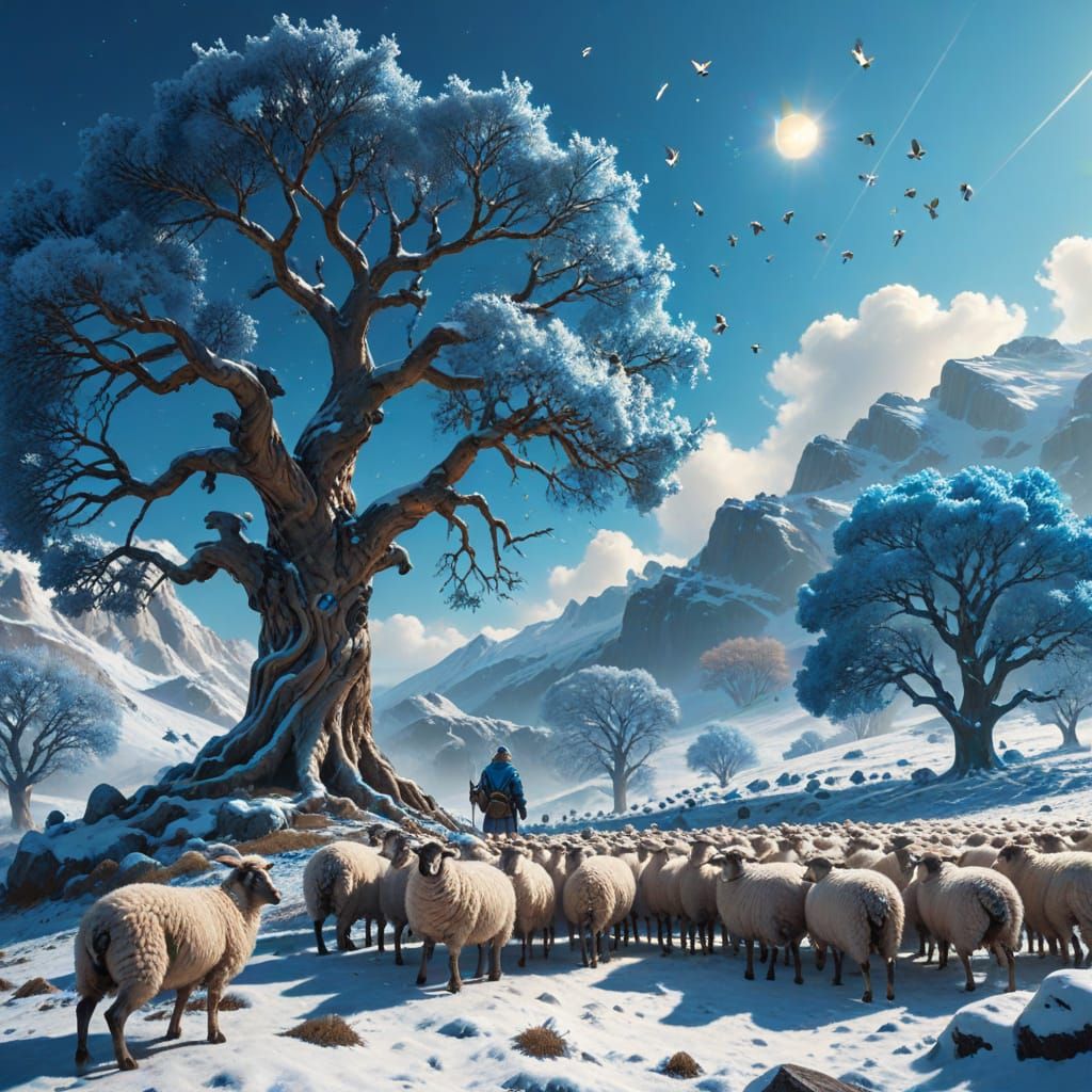 Tree Shepherd Guards Hydro Sheep: Sci-Fi Digital Art