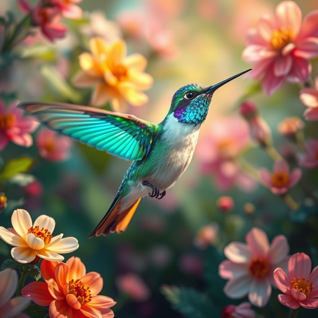 Hummingbird in Vibrant Garden, Iridescent Wings, Oil Paintin...