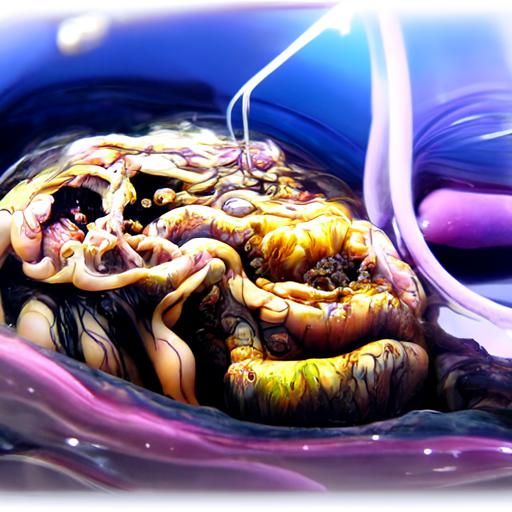 Glowing Cyst Amidst Intestinal Tubes: Detailed Digital Art