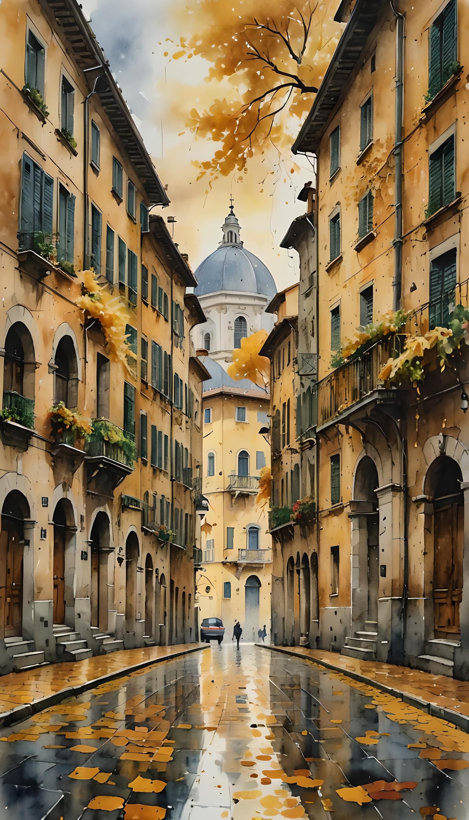 Rainy Italian Cityscape with Yellow Trees