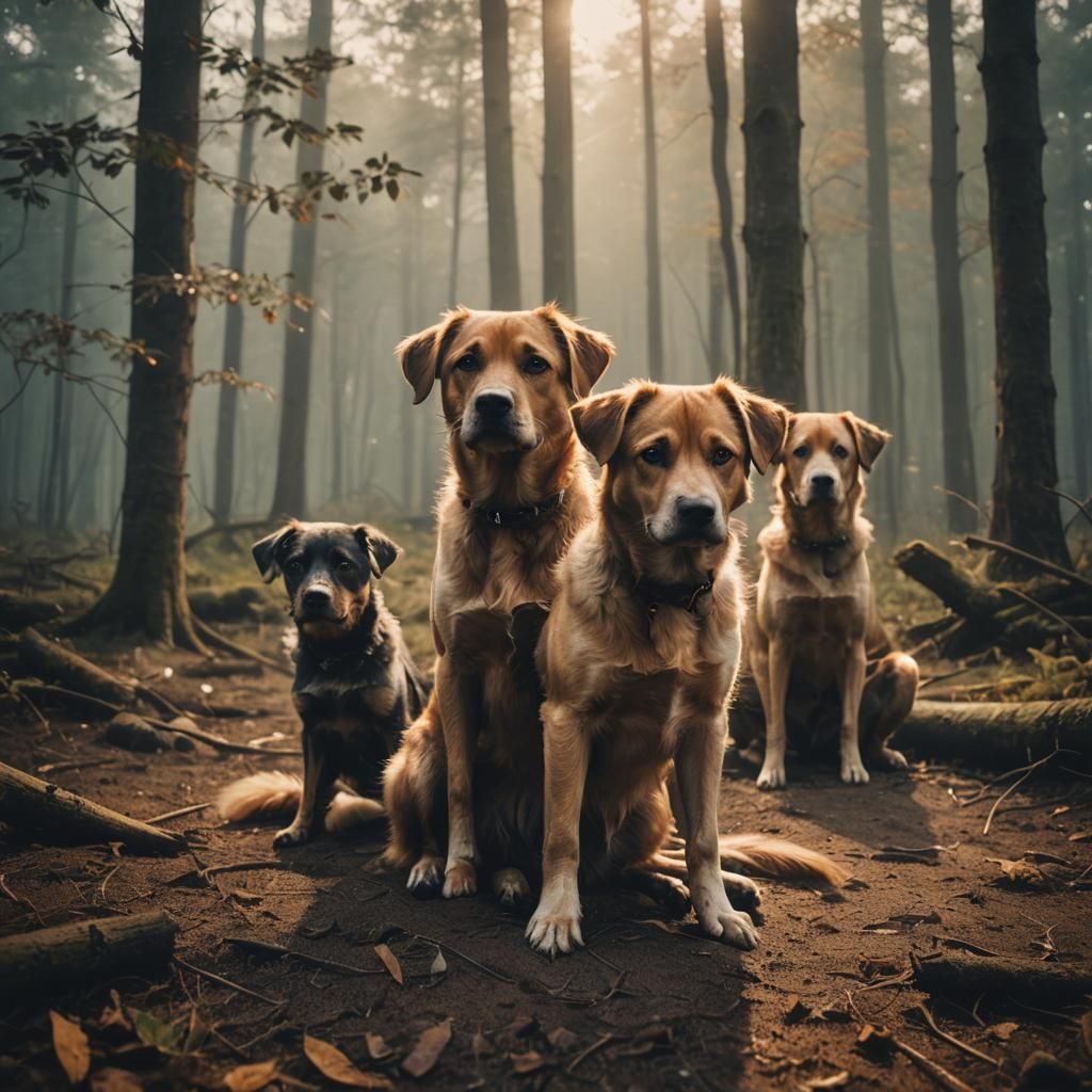 Dogs with Innocent Eyes in Misty Forest
