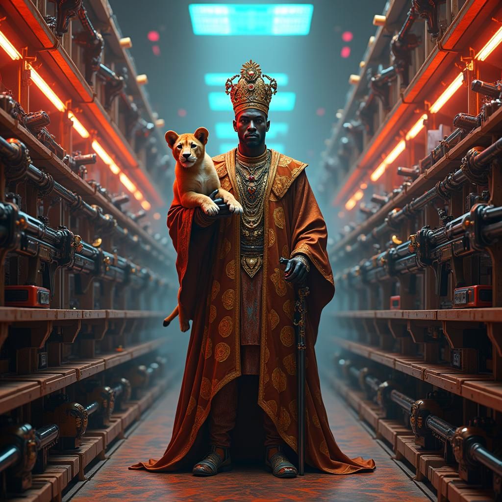 Retro-Futuristic African King with Lion Cub