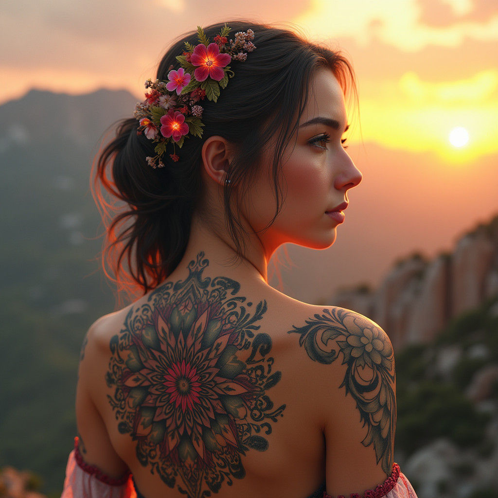 Floral Tattoo Mandala Woman at Sunset in Art Nouveau Style
