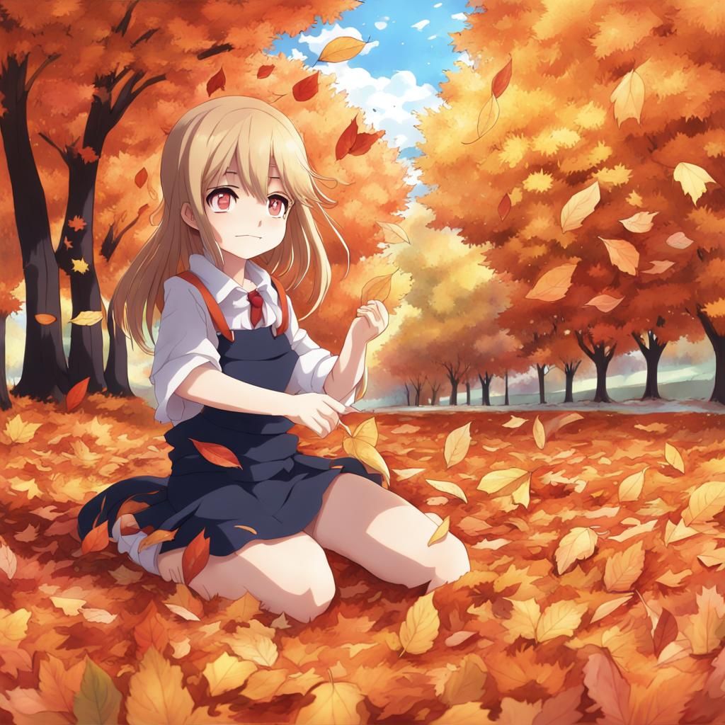 Anime Style Autumn Scene with Falling Leaves