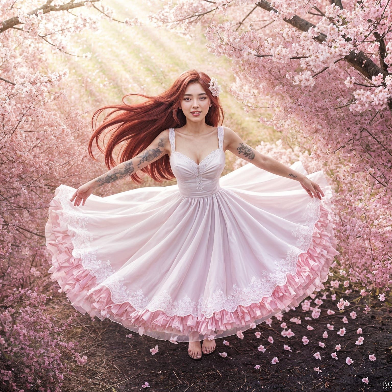 Japanese Woman Twirling in Cherry Blossom Forest Cinematic S...