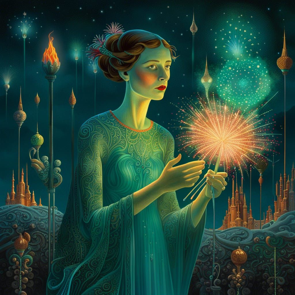 A woman holding fireworks that illuminate his face, Virginia Frances Sterrett, Guillermo del Toro, bioluminescent teal a...