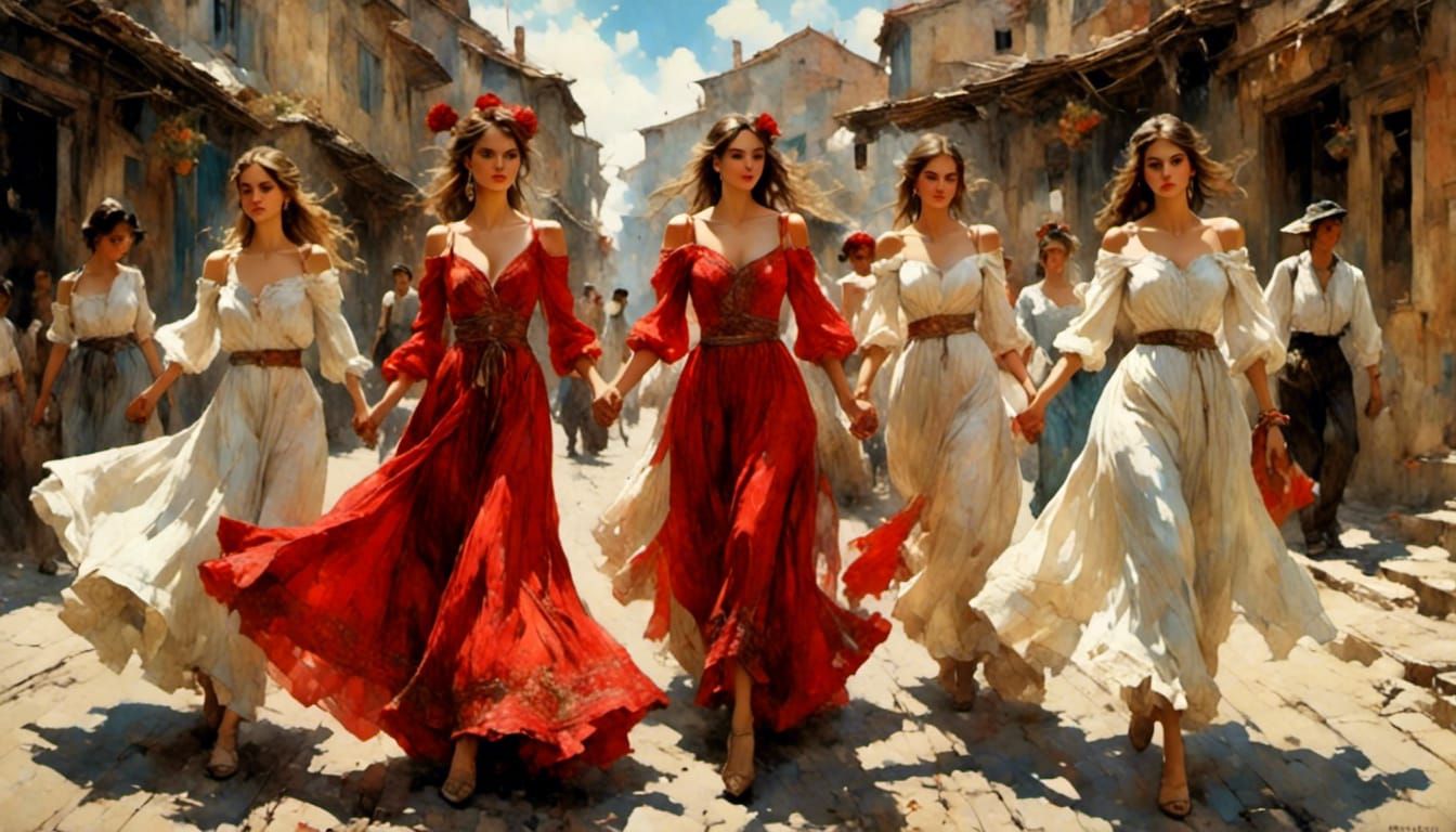 Bulgarian Folklore Women Dancing in Fantasy Art Style