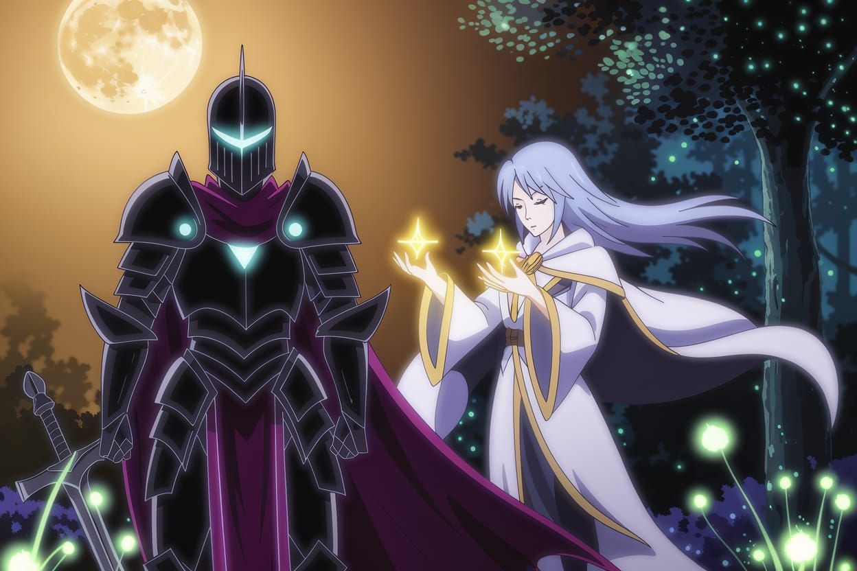Anime Style Darkness Knight and Mage Under Golden Moonlight