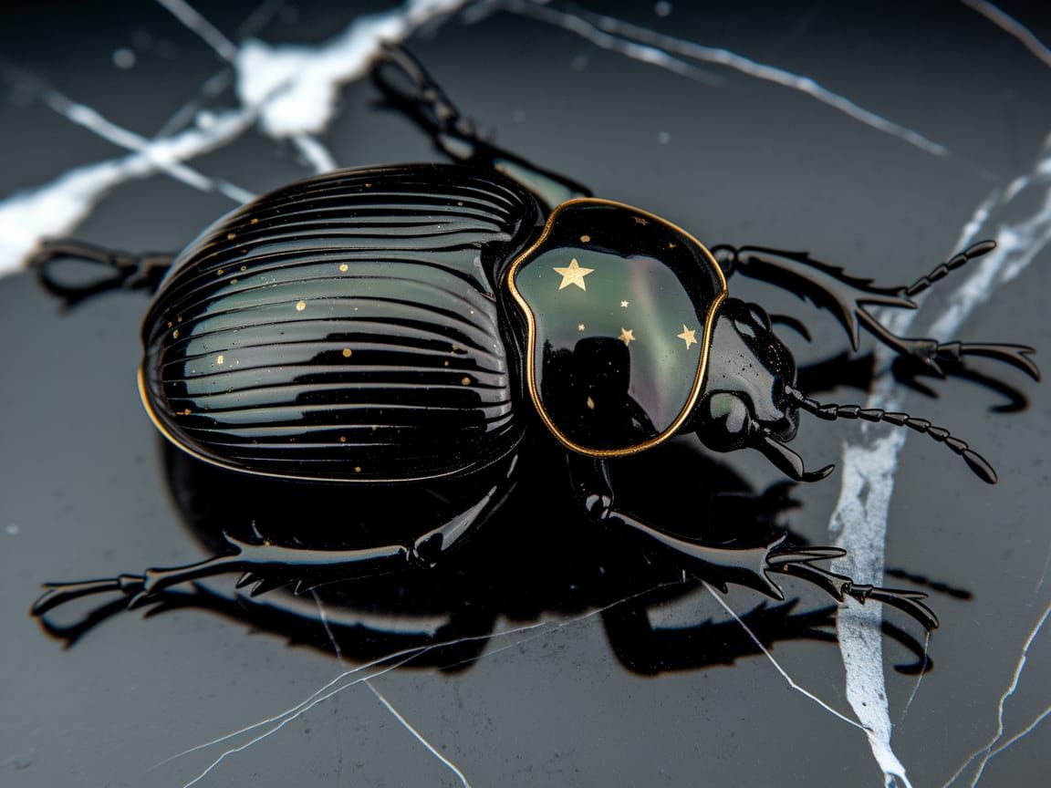 Glossy Black Beetle with Gold Accents on Dark Marble