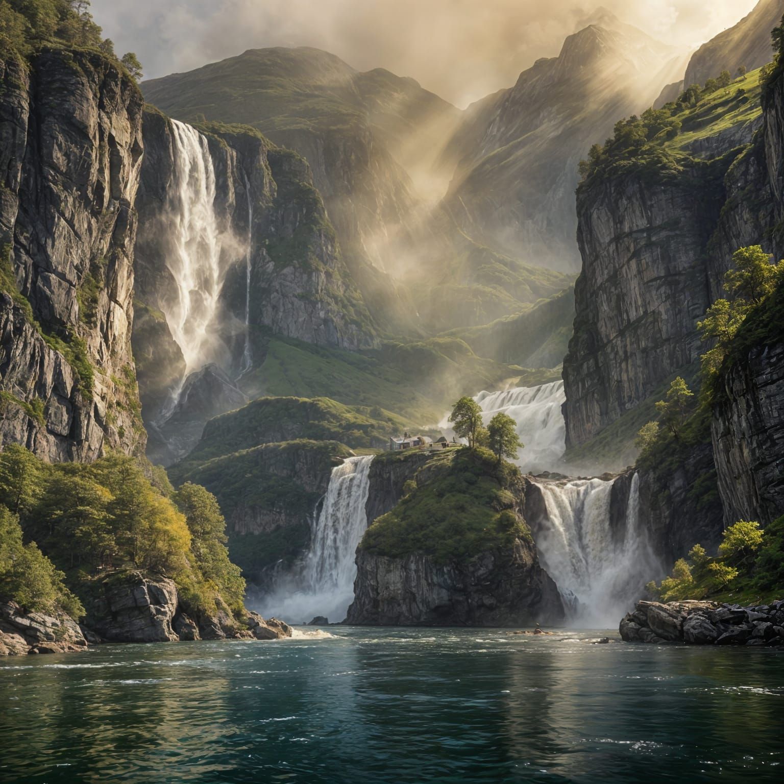 Geiranger Fjord's Seven Sisters Waterfall in Sunlight