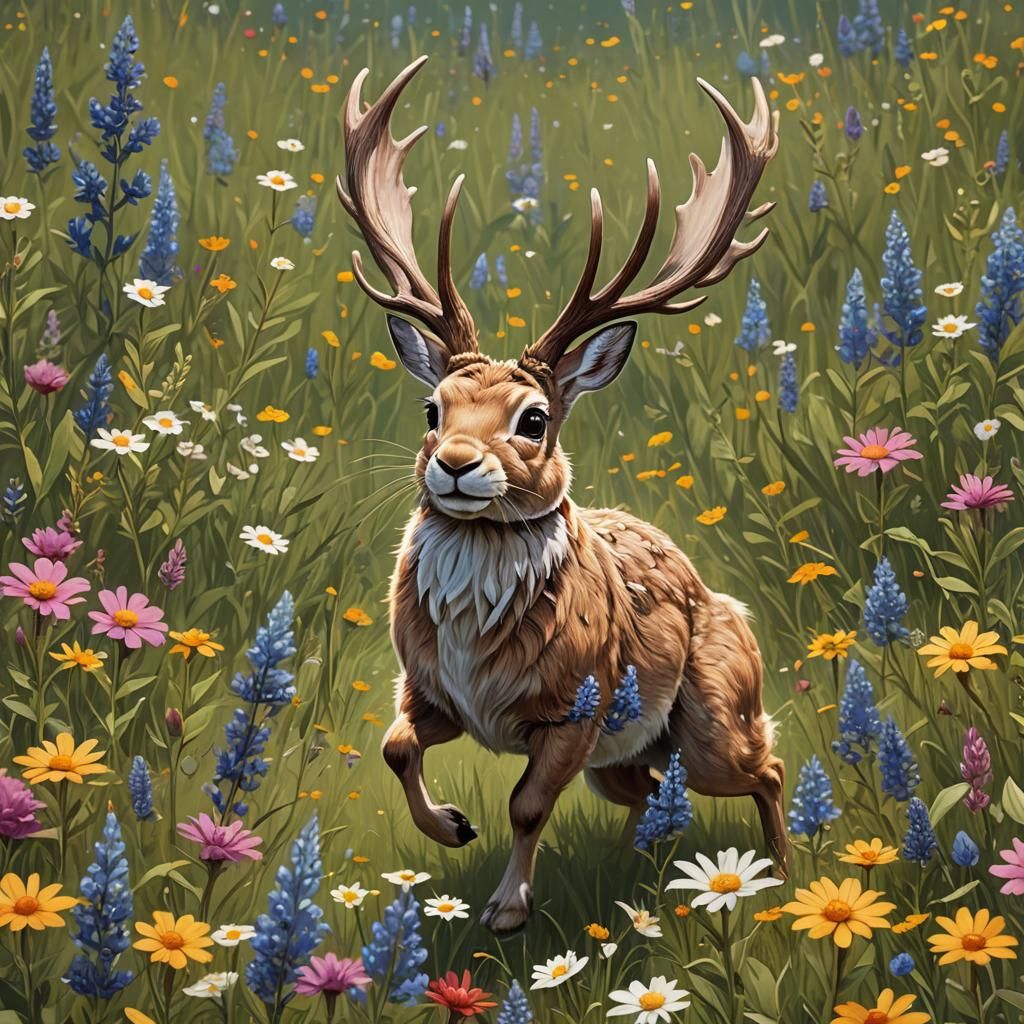 A playful jackalope with antlers, hopping through a field of...