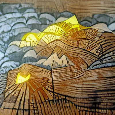 Mountain Storm with Sun Rays in Woodcut Style