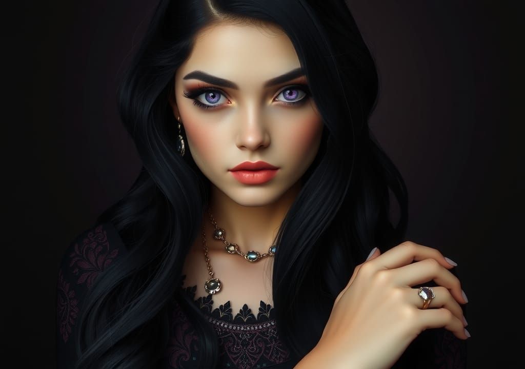 Mystical Woman Portrait with Raven Hair and Amethyst Eyes