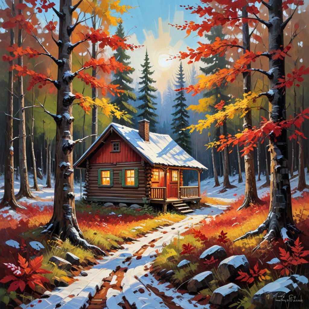 Impasto Winter Cabin Painting with Thick Brushstrokes and Te...
