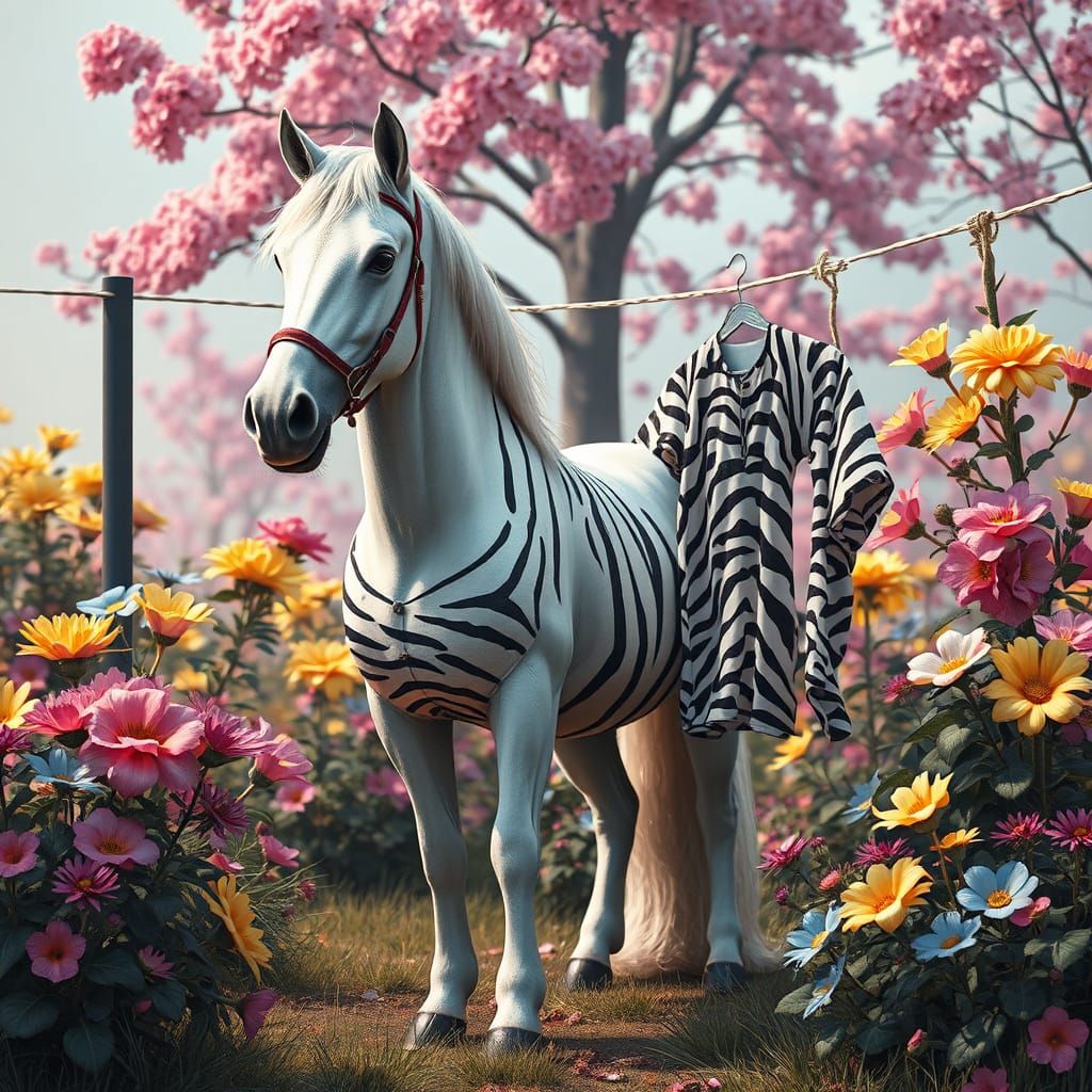 A whimsical scene shows a white horse pretending to be a zebra next to a clothesline decorated with matching striped clo...