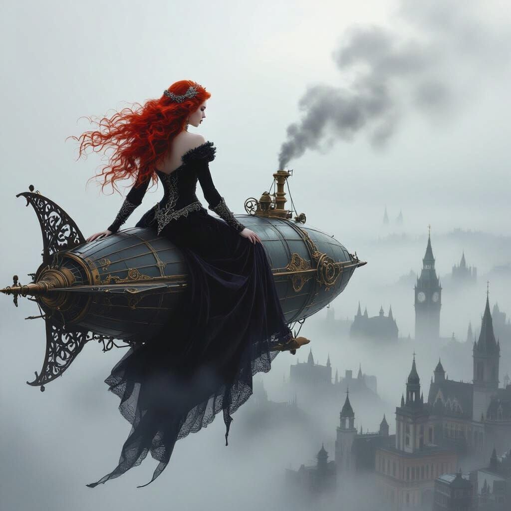 Gothic Fairy on Steampunk Zeppelin in Dark Fantasy Style