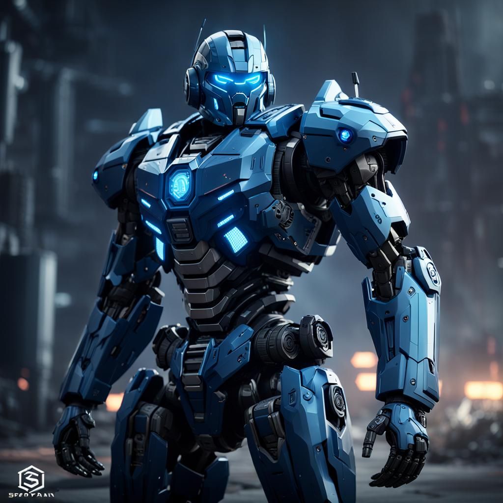Futuristic Blue Spartan Enforcer Mech in Sci-Fi Style