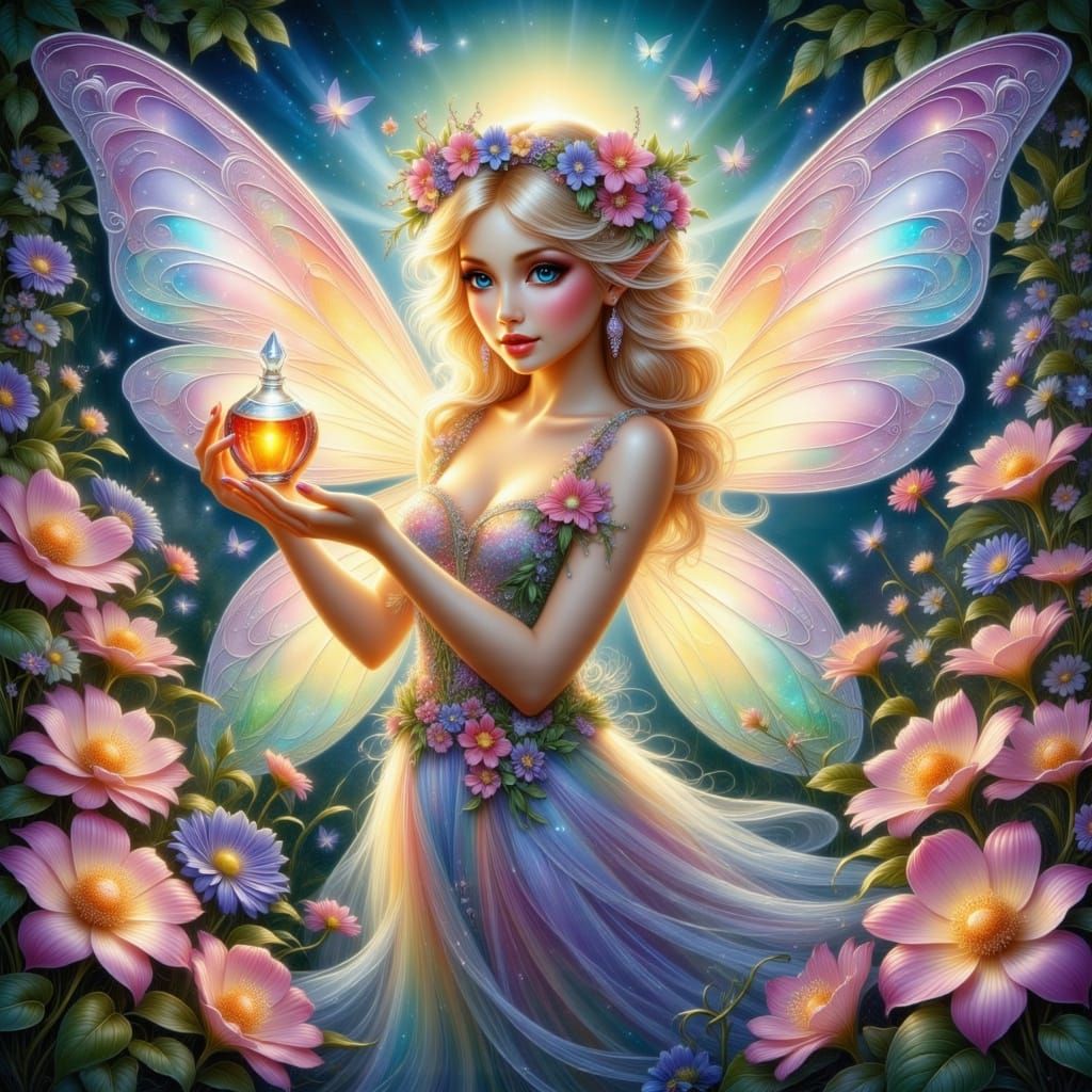 A beautiful faerie adding perfume to the flowers