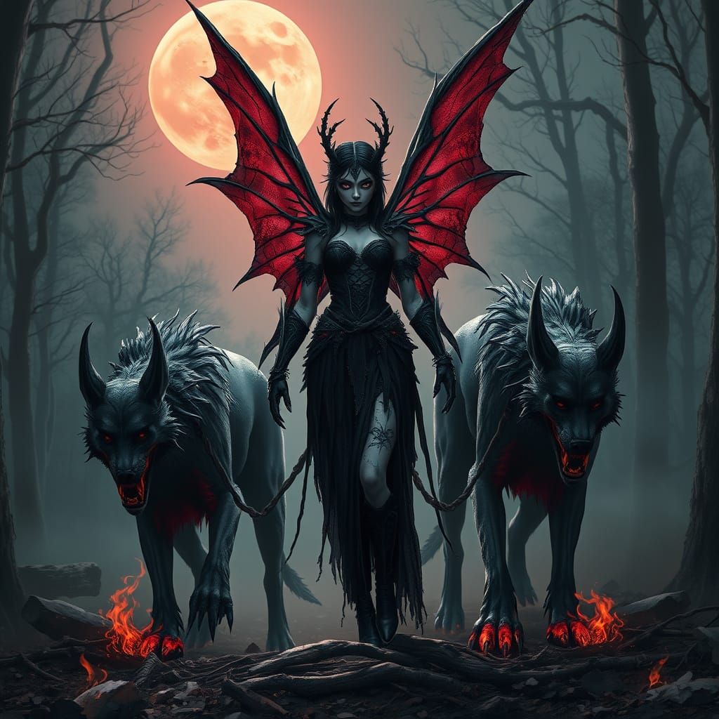 Dark Fairy in Gothic Armor Stands Under Blood Moon