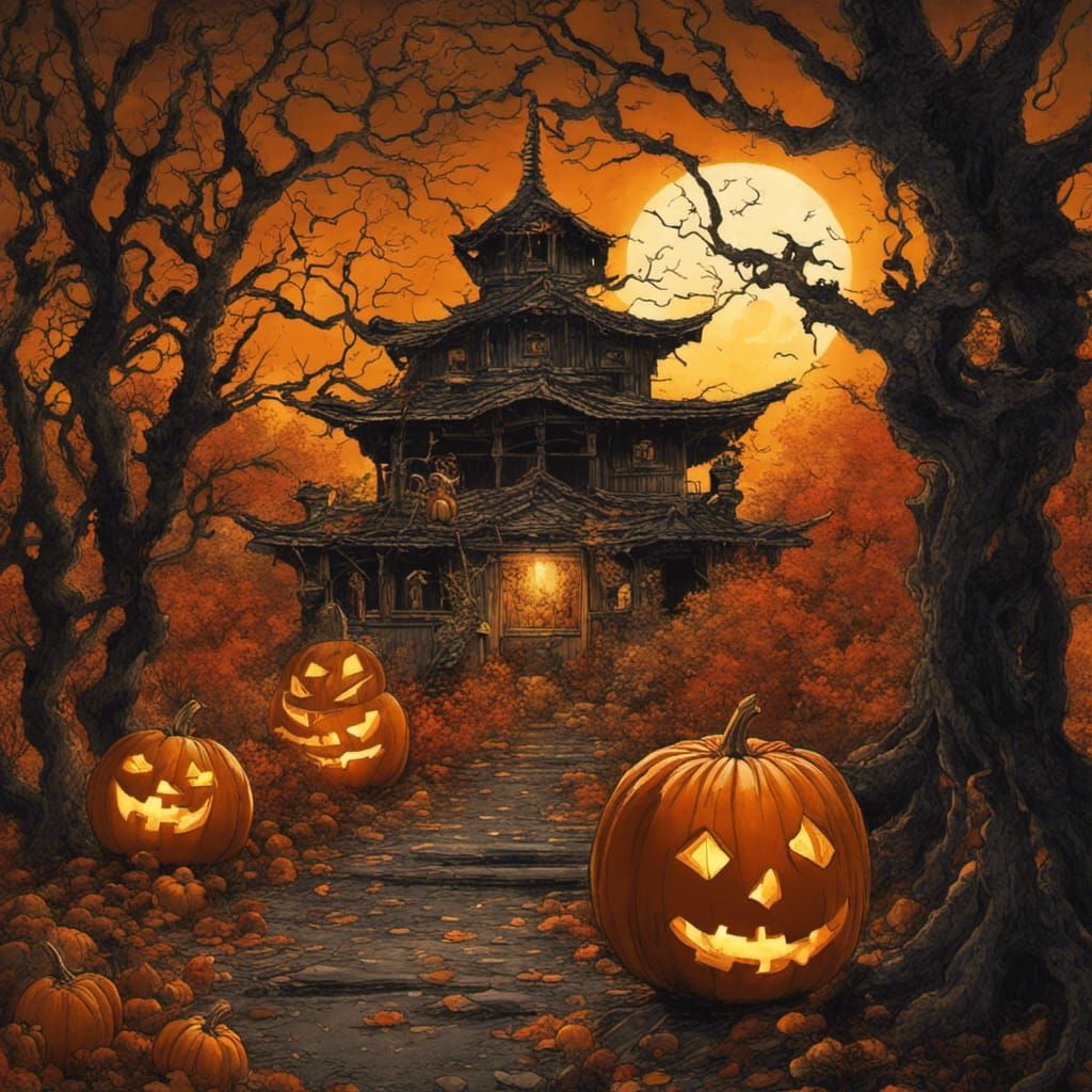 Spooky Halloween Landscape in Ukiyo-e Style