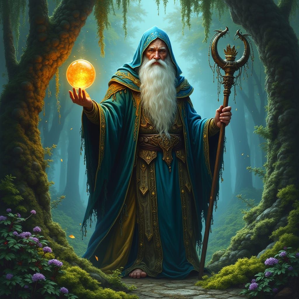 Mystical Wizard in Ancient Grove: Fantasy Art