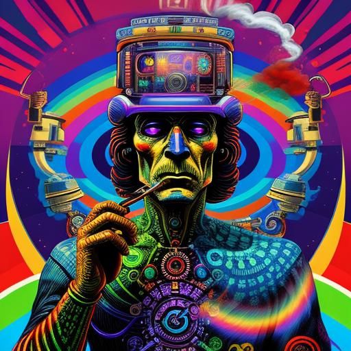 Retro Psychedelic Poster of Smoking Robot