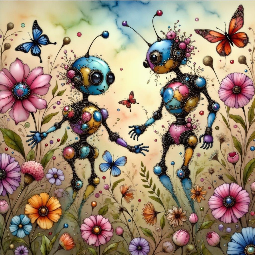 Colorful Robots Amidst Vibrant Flowerbeds in Whimsical Art