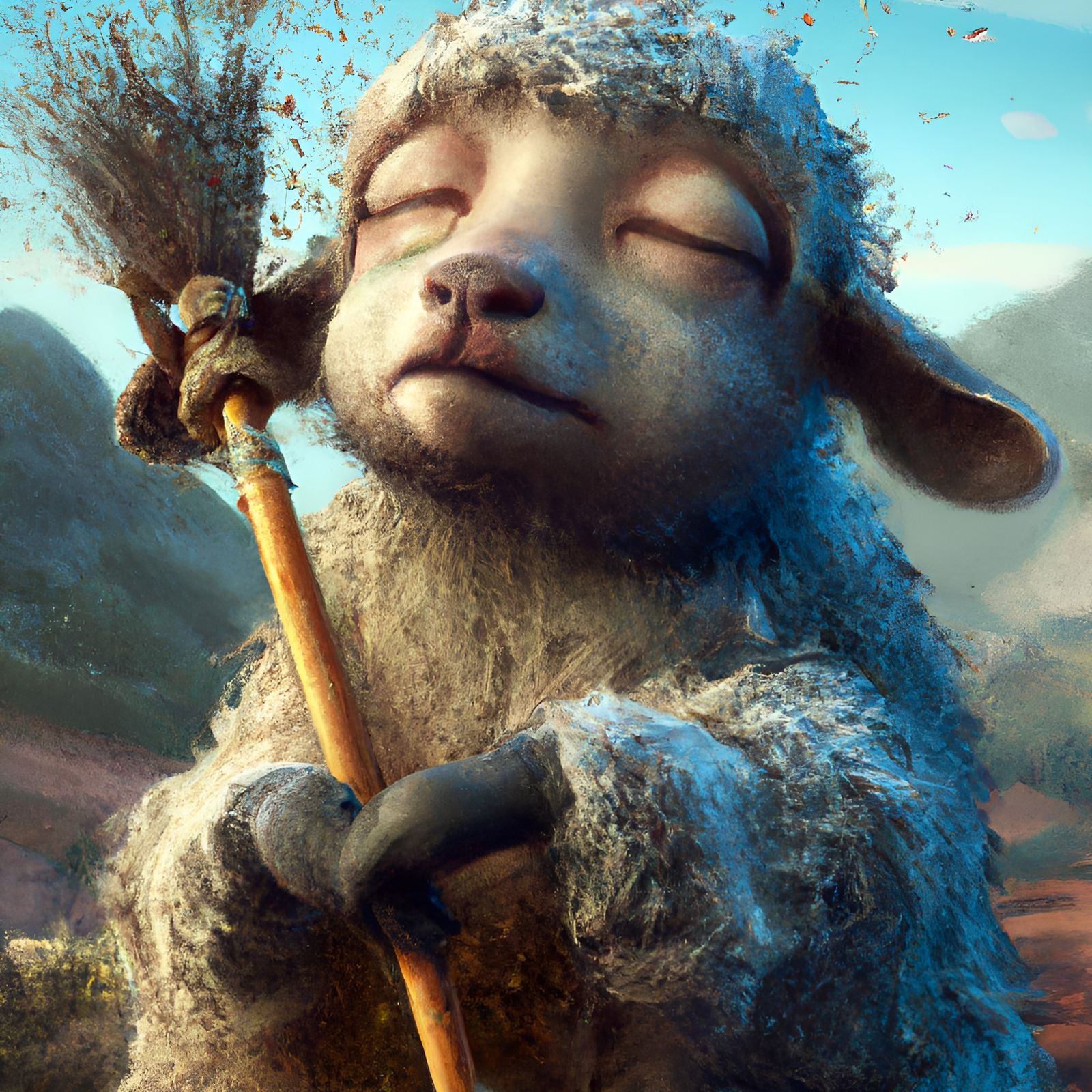 Crying Sheep Holding Broom in 3D Render