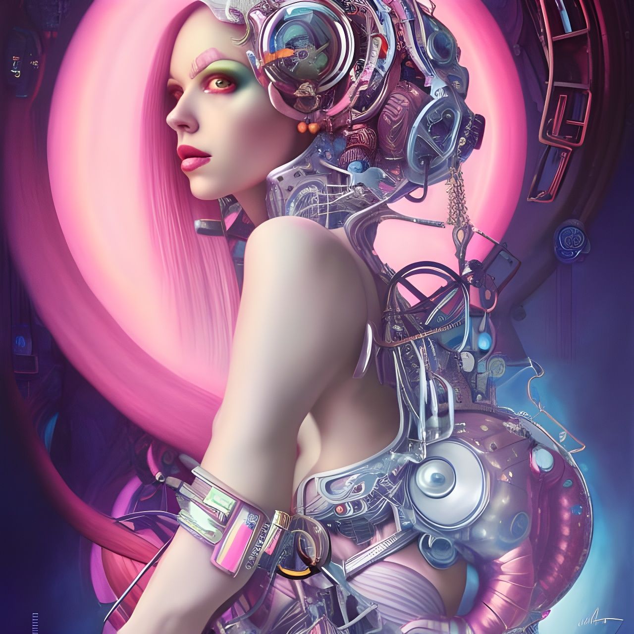 Cyberpunk futuristic pink-haired bionic woman in a white metal robotic suit