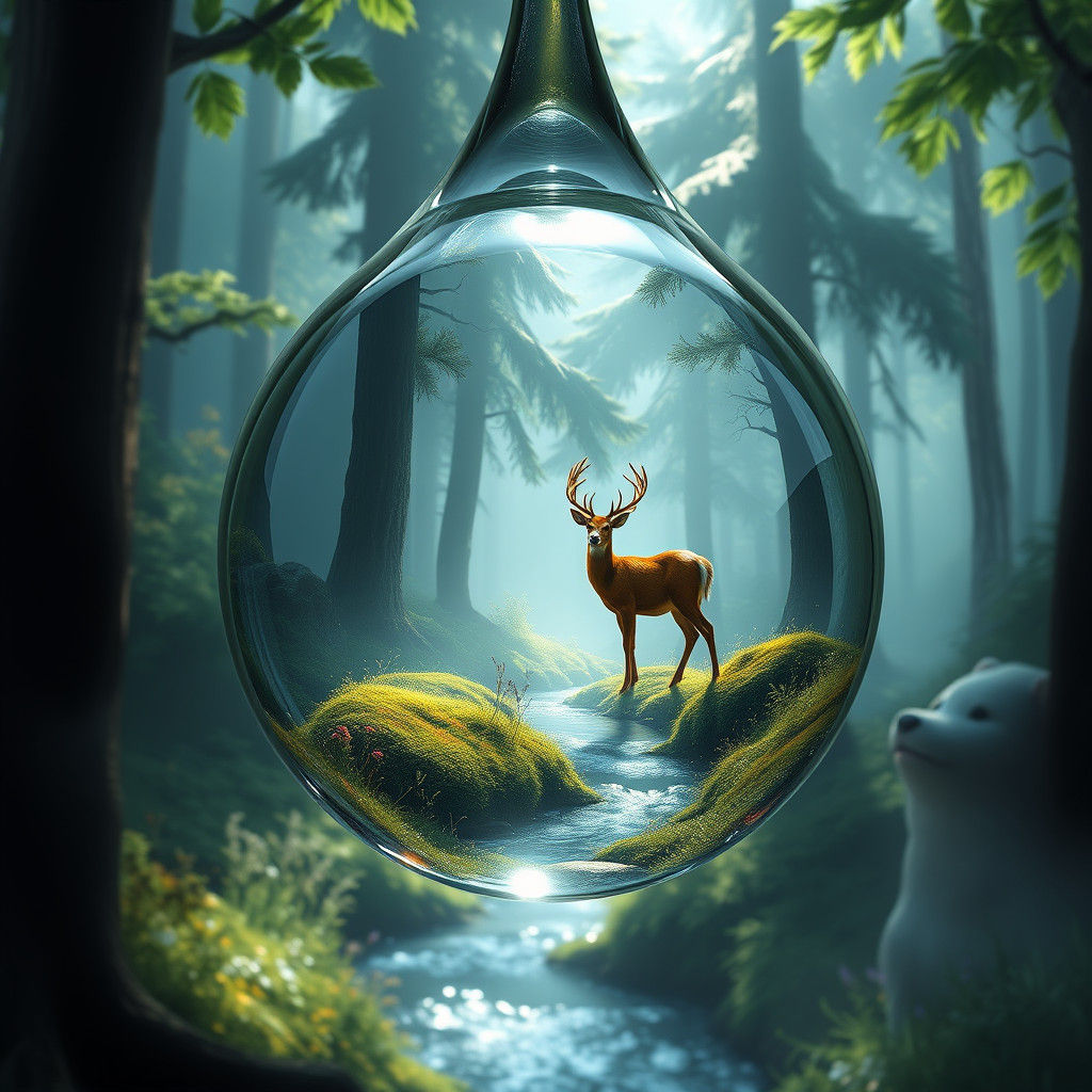 Dewdrop Reflecting Forest Clearing with Red Deer