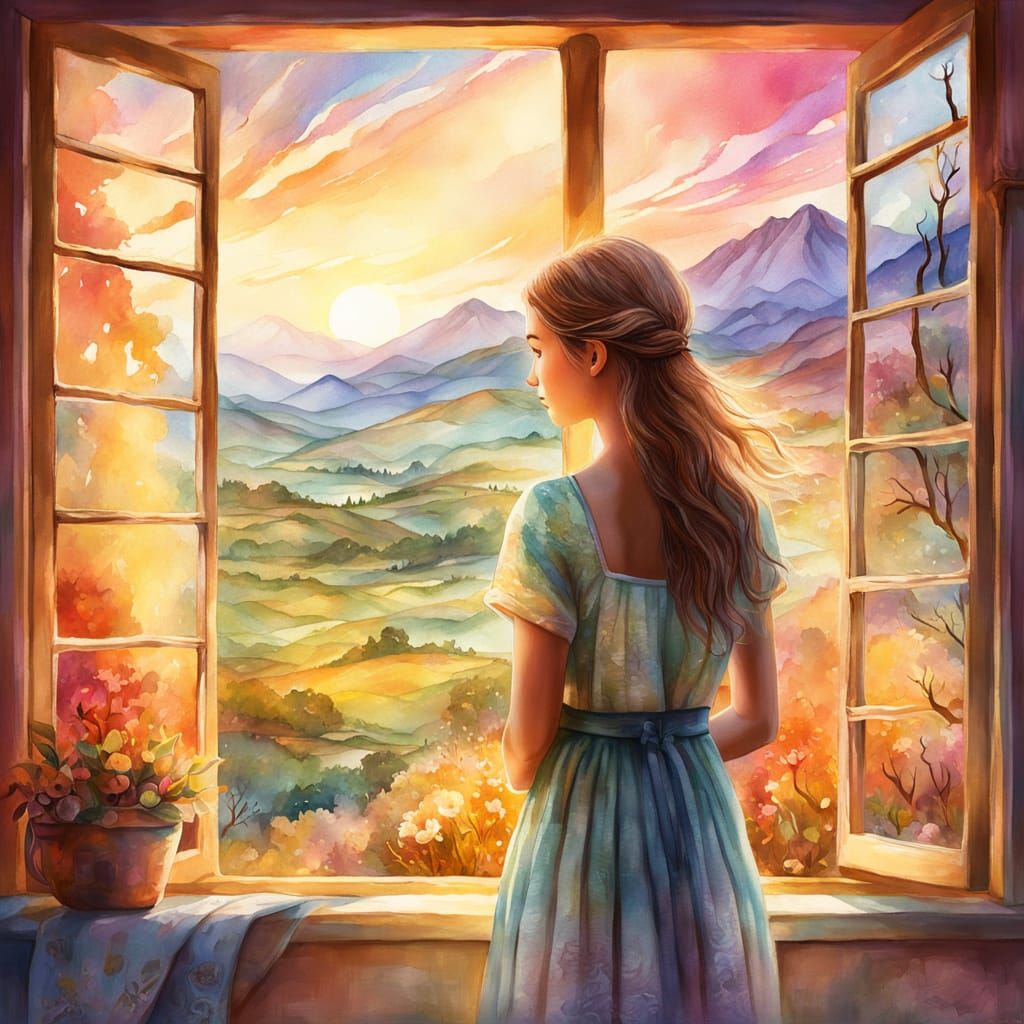 Fantasy World Seen Through Window, Watercolor Style