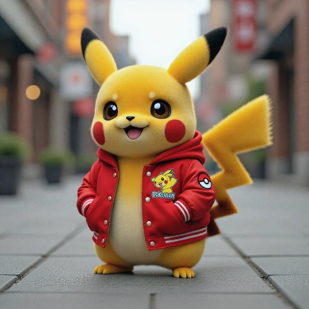 Realistic CGI Pikachu in Pokemon Varsity Jacket